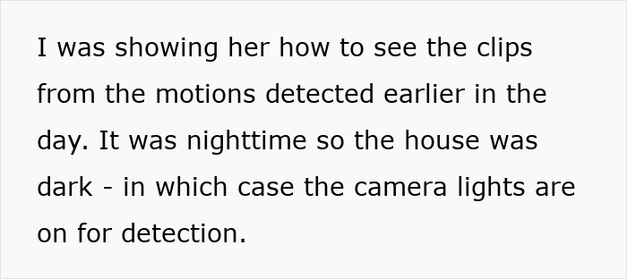 Text about nighttime security camera footage in a friend's house.