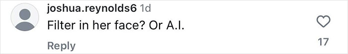 Instagram comment questioning Elle Macpherson's photo editing with mention of filters and AI.