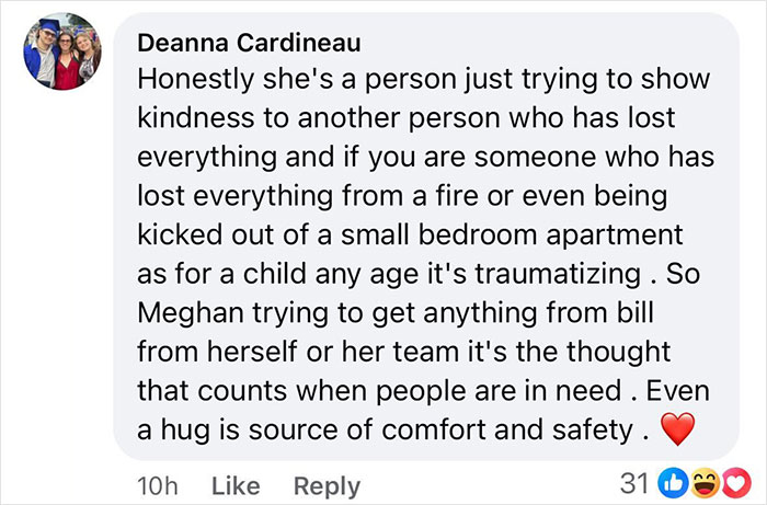 Comment defending Meghan Markle amid self-promotion criticism, emphasizing her kindness and support for those in need.