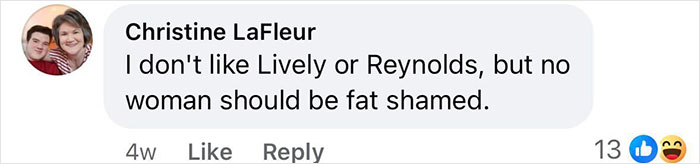 Comment discussing fat-shaming accusations against Baldoni, mentioning Lively and Reynolds.