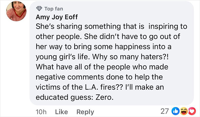 Facebook comment defending Meghan Markle and her charity efforts amidst criticism.