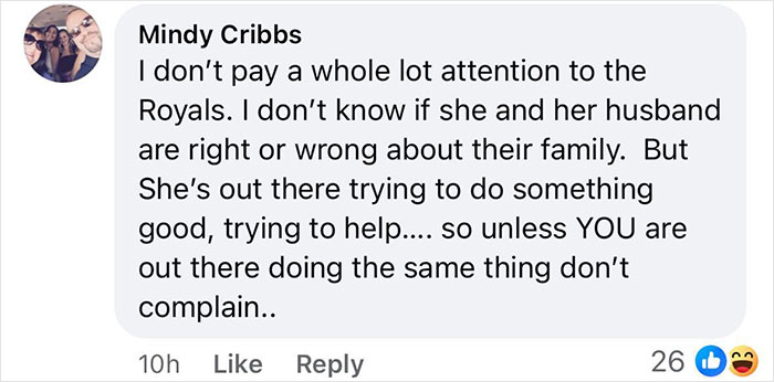 Social media comment discussing Meghan Markle's charity efforts, mentioning the Royals.