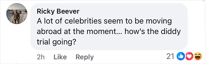 Social media comment discussing celebrities moving overseas, with 21 reactions.