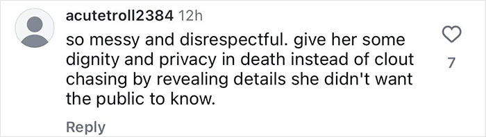 Instagram comment discussing privacy and respect regarding Michelle Trachtenberg's tragic situation.