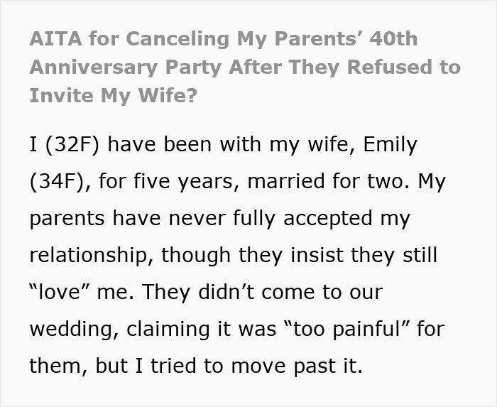 Daughter explains canceling parents' party due to disrespect towards her wife in a candid personal story.