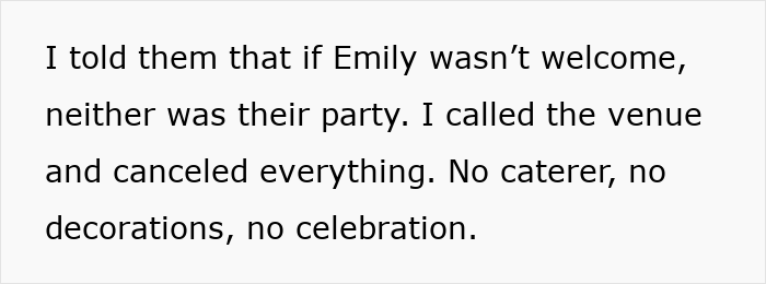 Text from a daughter's message about canceling a party due to disrespect towards her wife.