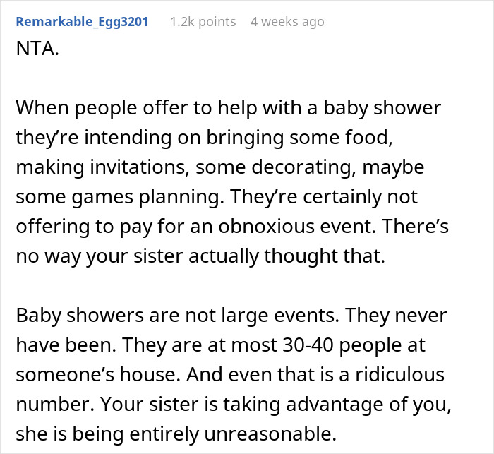 Text comment criticizing an entitled sister's unreasonable baby shower expectations.