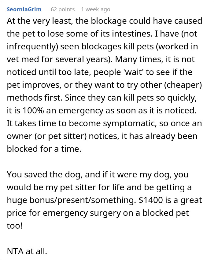 Comment about a friend's decision to bring a dog to an expensive vet while pet sitting, discussing blockage emergency.