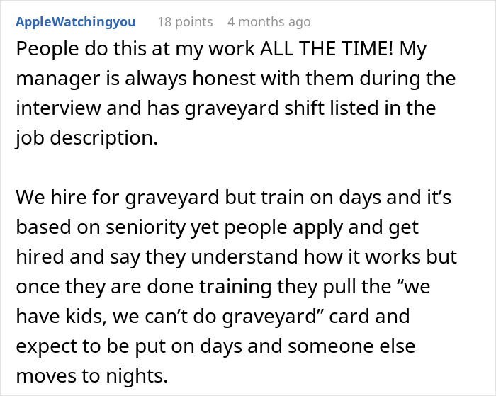 Comment discussing challenges with colleagues over graveyard shift expectations and their impact on work dynamics.