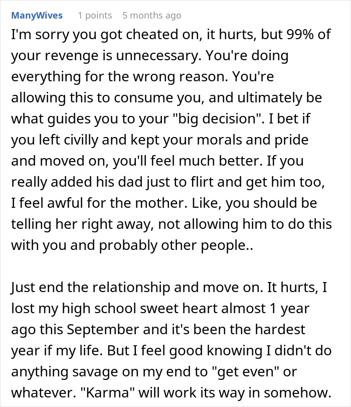 Text from a comment on ManyWives' post about a woman wrecking her cheating husband's life and his dad’s marriage.