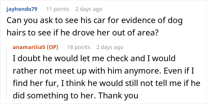 Comments discussing a woman’s lost dog and her boyfriend's suspicious actions.