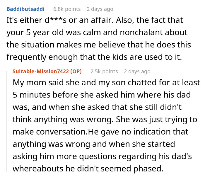 Reddit comments about a husband denying leaving kids home alone, questioning behavior.