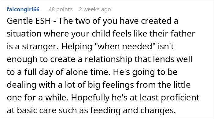 Text response discussing husband's lack of involvement with infant care, emphasizing importance of building a relationship.