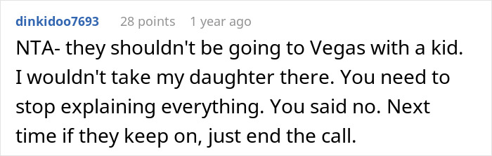 Reddit comment discussing babysitting refusal and family expectations.