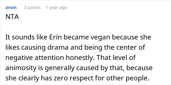 Text discussing a vegan SIL causing family drama over her beliefs, leading to tension and exclusion from barbeques.