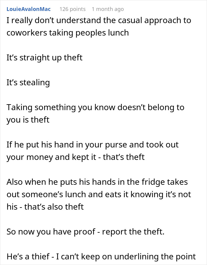 Text post about coworkers taking others' lunch, labeled as theft and urging to report it.