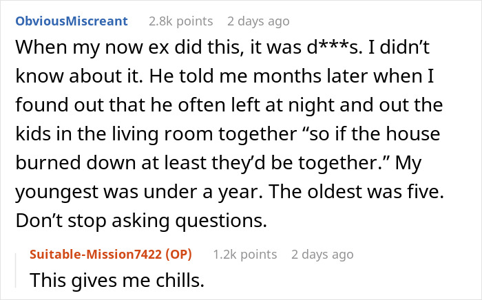 Reddit comments discussing trust issues in a marriage, mentioning leaving small children home alone.