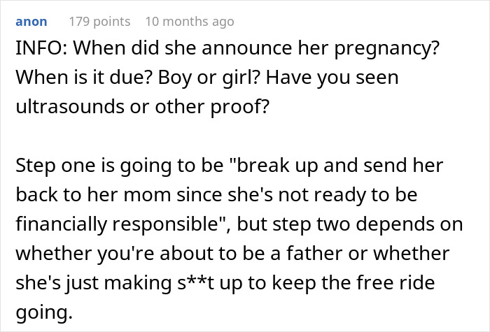 Comment discussing breakup over pregnancy finances and responsibility.