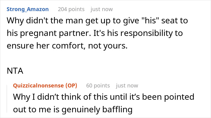 Reddit comment thread discussing a man who insists a stranger give up their train seat for his pregnant wife.