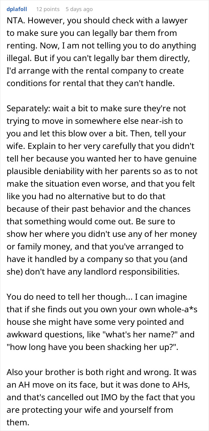 Online forum discussing a partner's strategy to outbid in-laws to prevent them from living nearby without notifying anyone.