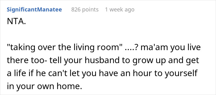 Comment discussing a woman's right to use the living room for "RuPaul’s Drag Race" amid husband's complaints.