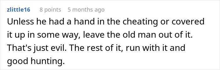 Comment about a cheating husband and his dad's involvement.