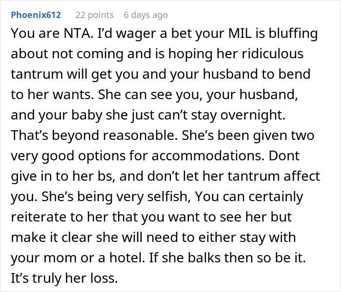 Reddit comment discussing MIL's reaction to not being allowed to sleep over after DIL gives birth.