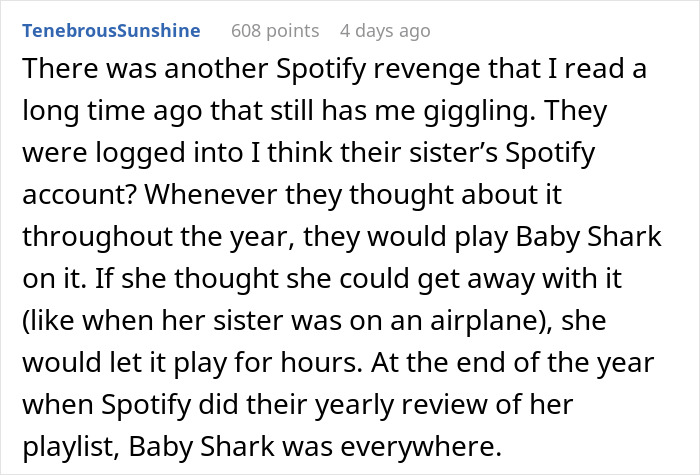 Text details a story about a petty Spotify-themed revenge involving the song "Baby Shark.