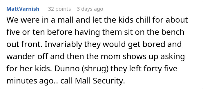 Text about a mall worker explaining why kids shouldn't roam, mentions calling mall security.