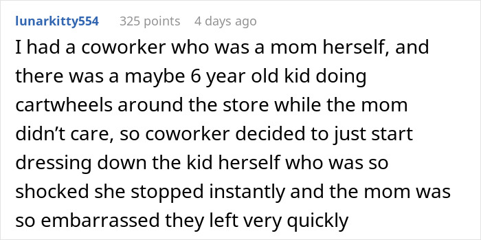 Reddit comment about a coworker's encounter with a child running in a store, discussing parental supervision.