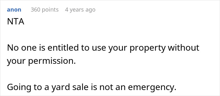 Text screenshot discussing yard sale, property rights, and emergencies.