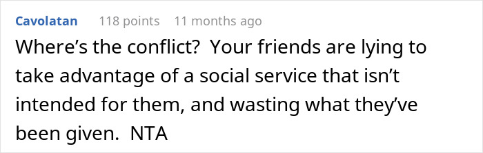 Comment discussing friends lying about income and wasting food from the food bank.