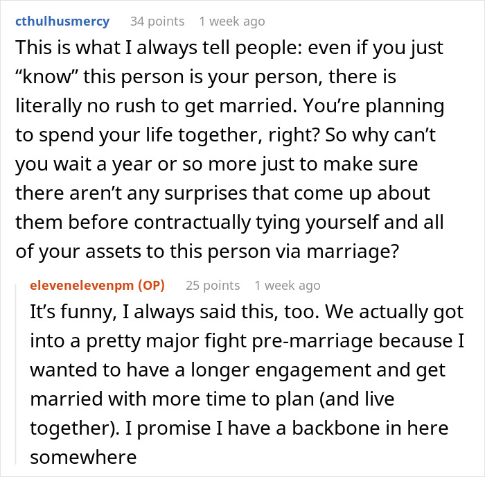 Reddit discussion on marriage decisions and relationship advice.