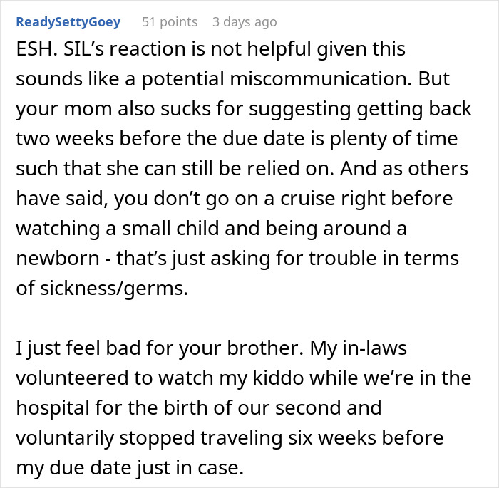 Text discussing potential issues with going on a cruise close to a due date, highlighting concerns about reliance and germs.