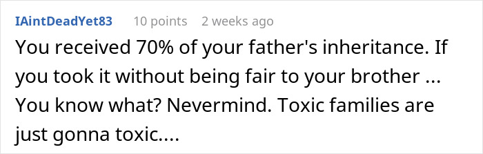 Reddit comment addressing a woman about inheritance issues and family dynamics, mentioning fairness to her brother.