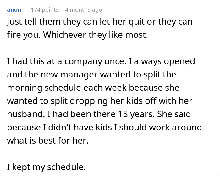 Text exchange discussing a work situation where a colleague threatens to quit over schedule changes.