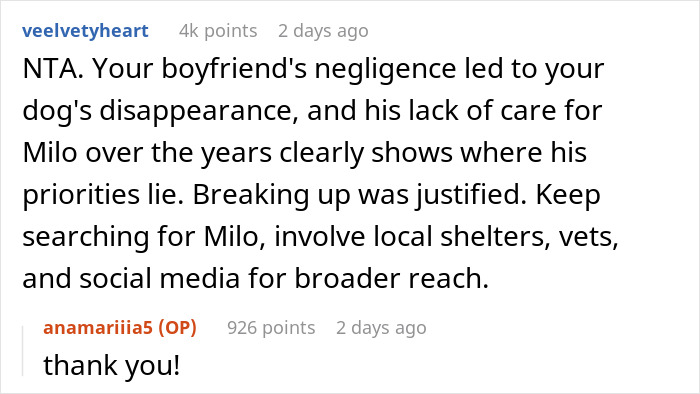 Reddit comment discussing negligence regarding a lost dog and supporting the breakup decision.