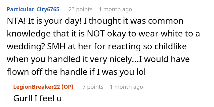 Reddit comments discuss etiquette of wearing white to a wedding, highlighting a woman's stunned reaction.