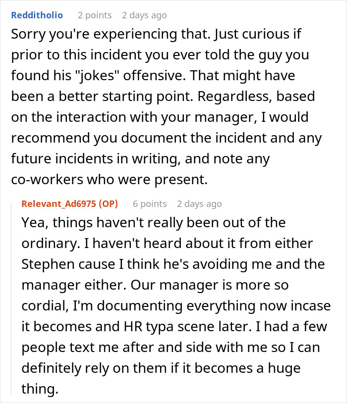 Reddit conversation about coworker conflict and advice on handling management issues.