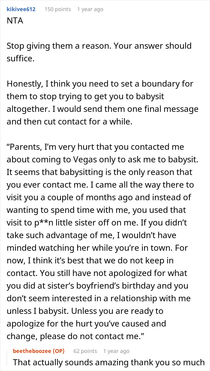 Reddit comment screenshot about a woman refusing to babysit for her parents, discussing boundaries and family issues.