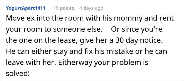 Comment suggesting a solution for dealing with a difficult mother-in-law in an apartment situation.