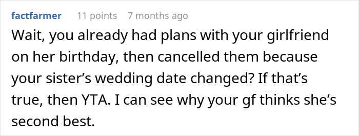 Comment discussing relationship and birthday plans changes.