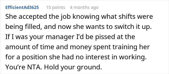 Comment weighing in on a colleague threatening to quit over graveyard shift issues.