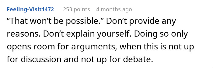 Reddit comment giving advice related to workplace shifts, emphasizing firmness in decisions without giving reasons.