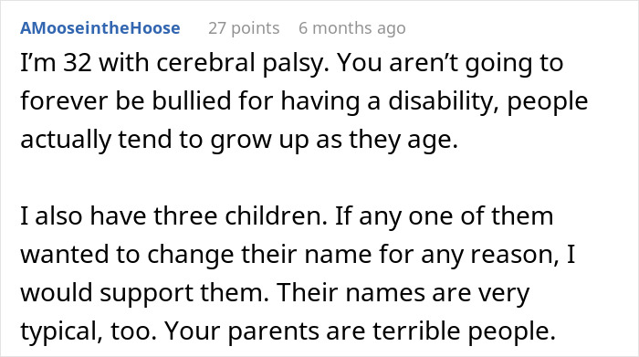 Comment discussing parenting, disability, and name change support.