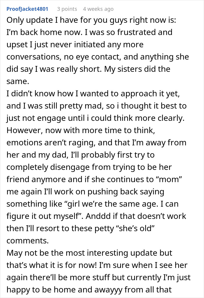 Text describing a 23-year-old woman's feelings about her dad's 25-year-old girlfriend trying to parent her.