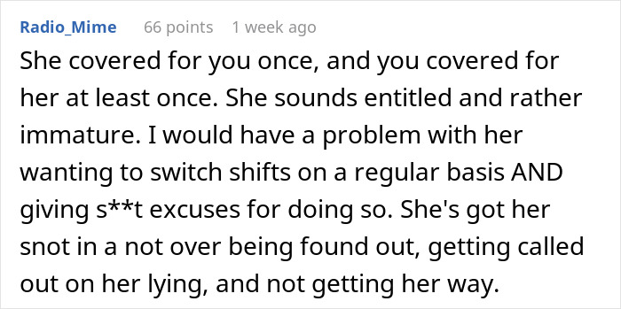 Text comment about restaurant worker covering shifts, discussing coworker's excuses and issues with dishonesty.