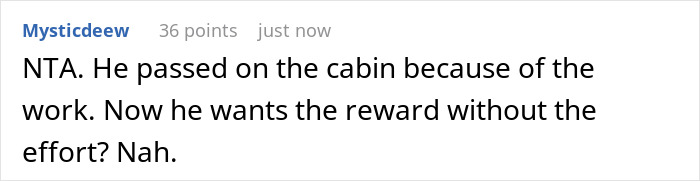 Reddit comment discussing the fairness of paying to use the family cabin.