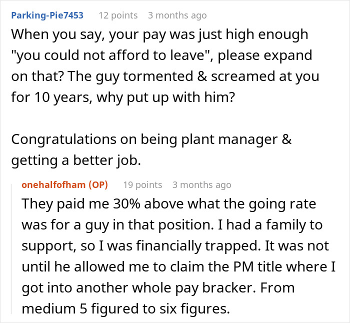 Reddit exchange discussing a toxic boss, financial entrapment, and a successful job exit plan.