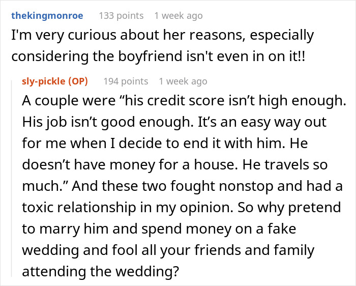 Reddit comments discussing a couple's fake wedding and toxic relationship.